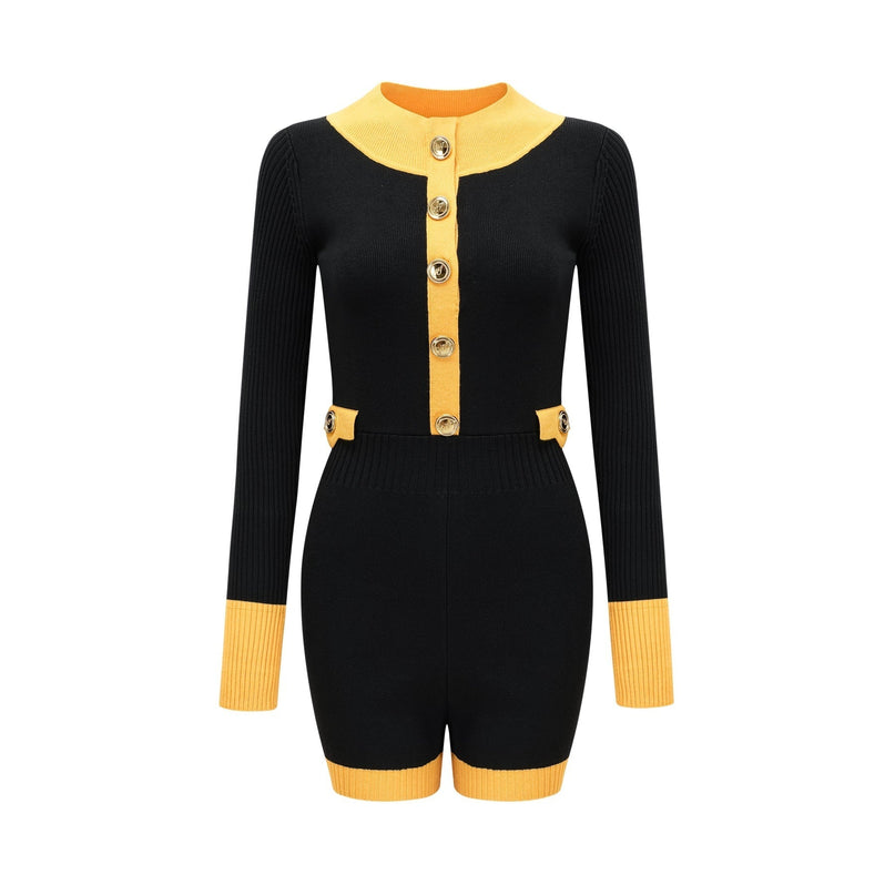 Brynn Knitted Bodysuit Black Yellow Contrast Front Pockets Long Sleeves Button Fastening Thigh Length