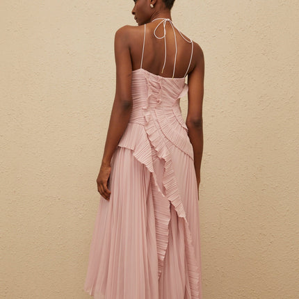 Brynn Lavender Pink Halterneck Midi Dress with Ruffled Trim and Front Slit