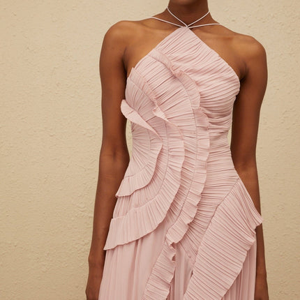 Brynn Lavender Pink Halterneck Ruffled Trim Midi Dress
