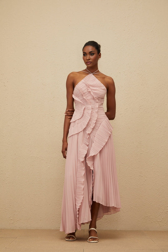 Brynn Lavender Pink Ruffled Trim Halterneck Midi Dress