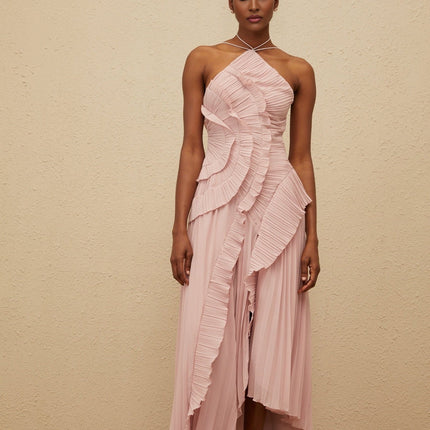 Brynn Lavender Pink Ruffled Trim Halterneck Midi Dress