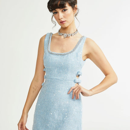 Brynn Light Blue Sequin Mini Dress with Crystal Embellishments and Bow Accent