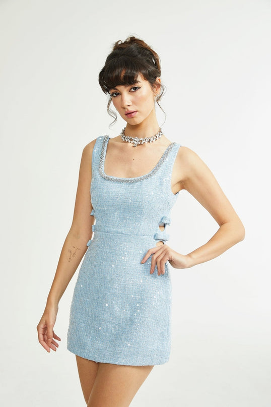 Brynn Light Blue Sequin Mini Dress with Crystal Embellishments and Bow Accent