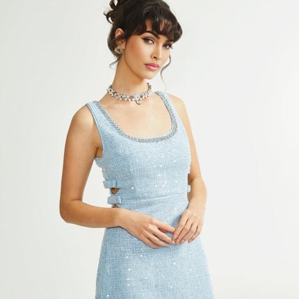 Brynn Light Blue Sequin Mini Dress with Crystal Embellishments and Cut-Out Design
