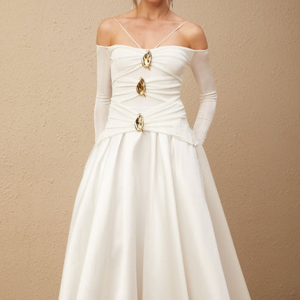 Brynn White Maxi Dress with Off-Shoulder Design and Pleated Accents