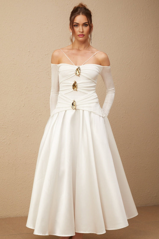 Brynn White Maxi Dress with Off-Shoulder Design and Pleated Accents
