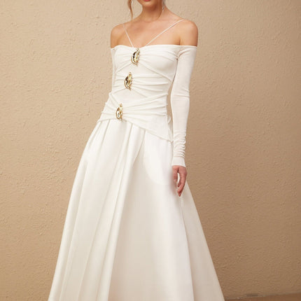 Brynn White Maxi Dress with Off-Shoulder Design and Gold-Tone Hardware