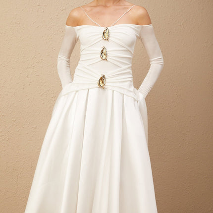 Brynn White Maxi Dress with Off-Shoulder Design and Pleated Accents