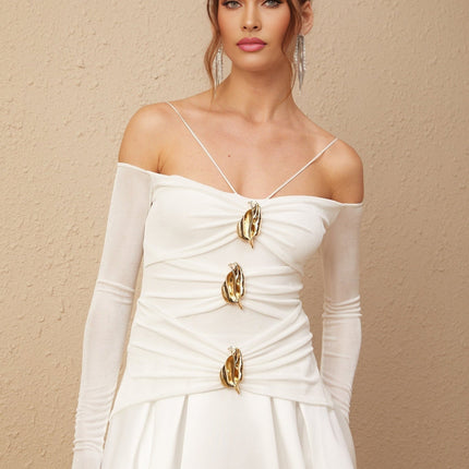 Brynn White Maxi Dress with Off-Shoulder Design and Pleated Accents