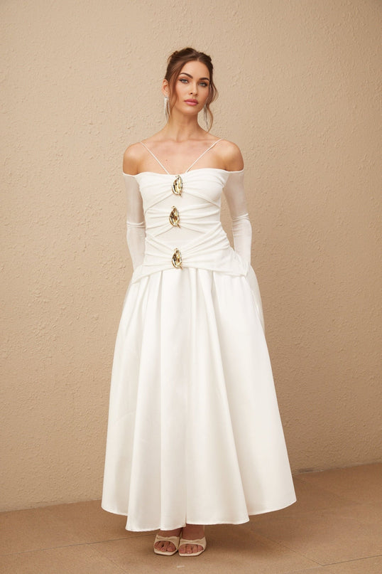 Brynn White Off-Shoulder Maxi Dress with Pleated Accents and Gold-Tone Hardware