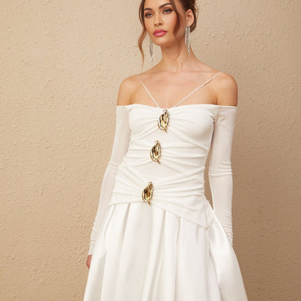 Brynn White Maxi Dress with Off-Shoulder Design and Pleated Accents