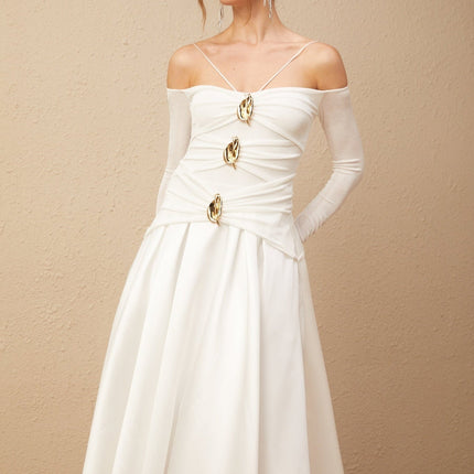 Brynn White Maxi Dress Off-Shoulder Pleated Gold Hardware Ankle-Length