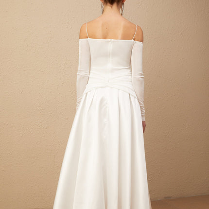 Brynn White Maxi Dress Off-Shoulder Pleated Accents Gold Hardware Ankle-Length Zip Fastening Polyester Cotton Blend