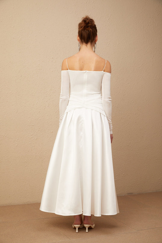 Brynn White Maxi Dress Off-Shoulder Pleated Accents Gold Hardware Ankle-Length Zip Fastening Polyester Cotton Blend