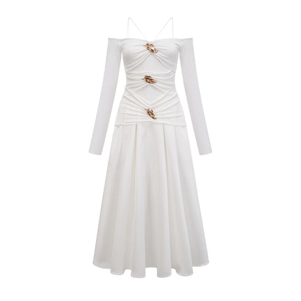 Brynn White Maxi Dress with Off-Shoulder Design and Gold-tone Hardware