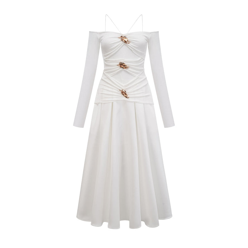 Brynn White Maxi Dress with Off-Shoulder Design and Gold-tone Hardware