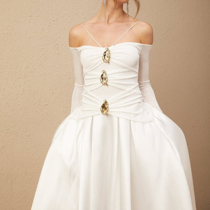 Brynn White Maxi Dress with Gold-Tone Hardware and Pleated Accents