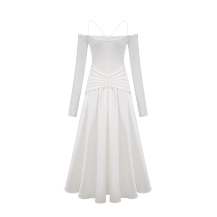 Brynn White Maxi Dress Off-Shoulder Pleated Accents Gold-tone Hardware