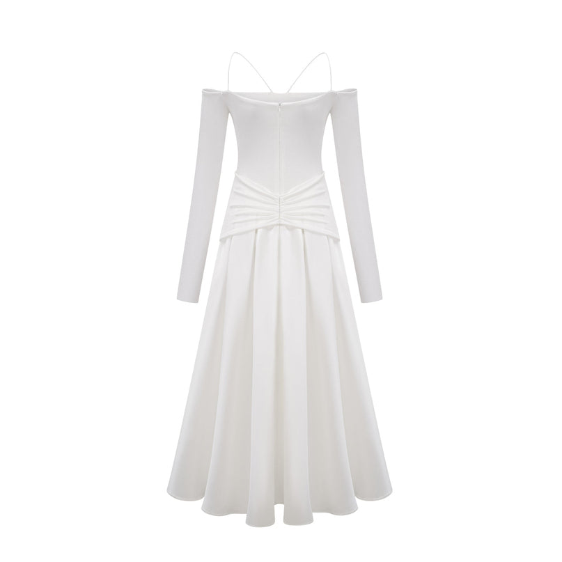 Brynn White Maxi Dress Off-Shoulder Pleated Accents Gold-tone Hardware