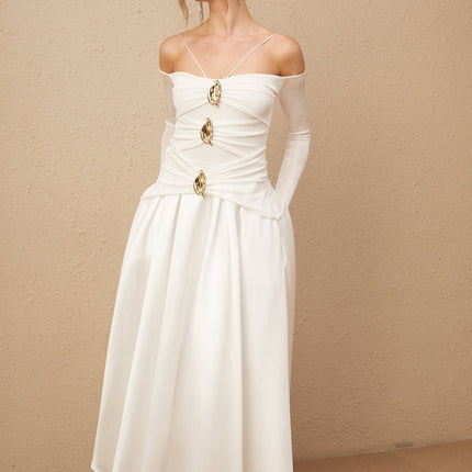 Brynn White Off-Shoulder Maxi Dress with Pleated Accents