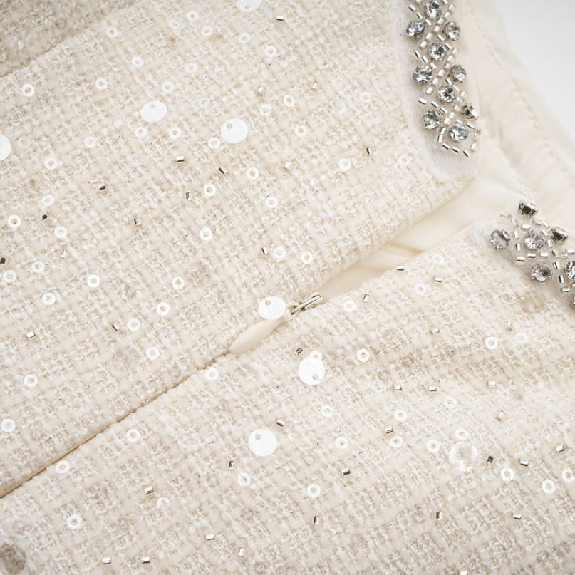 Brynn White Sequin Mini Dress with Crystal Embellishments and Cut-Out Design