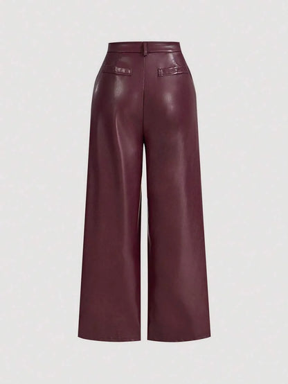 Burgundy Date Night Solid PU Leather Straight Leg Pants