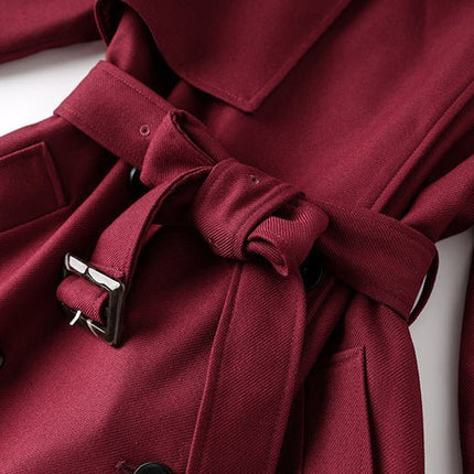 Burgundy Double-Breasted Trench Coat with Wide Lapels and Adjustable Waist Belt