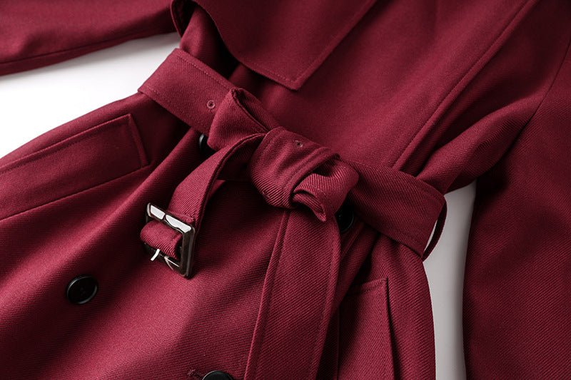 Burgundy Double-Breasted Trench Coat with Wide Lapels and Adjustable Waist Belt
