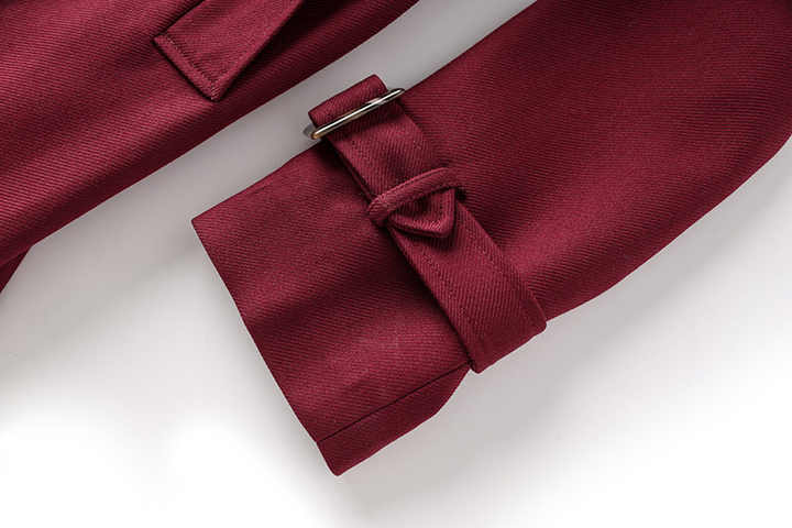 Burgundy Double-Breasted Trench Coat with Wide Lapels and Adjustable Waist Belt