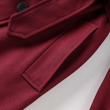 Burgundy Double-Breasted Trench Coat with Adjustable Waist Belt and Premium Wool-Blend Fabric