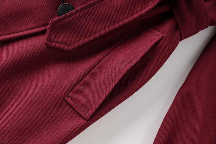 Burgundy Double-Breasted Trench Coat with Adjustable Waist Belt and Premium Wool-Blend Fabric