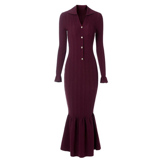 Burgundy Ribbed Knit Bodycon Dress with Flared Hem and Button Details