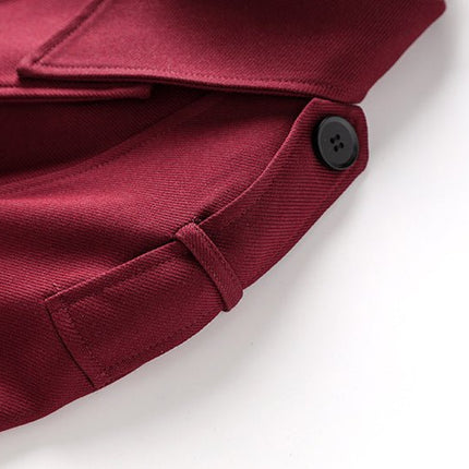 Burgundy Wool Blend Double-Breasted Trench Coat with Adjustable Waist Belt and Button Accents
