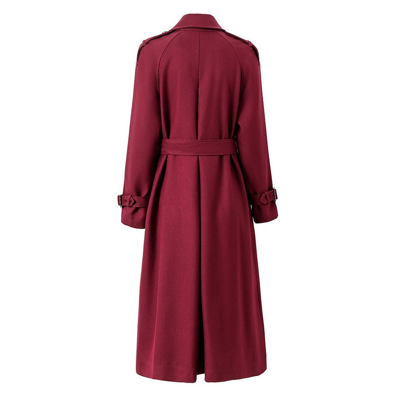 Burgundy Wool Blend Double-Breasted Trench Coat