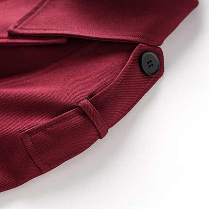 Burgundy Wool Blend Trench Coat with Double-Breasted Design and Adjustable Waist Belt