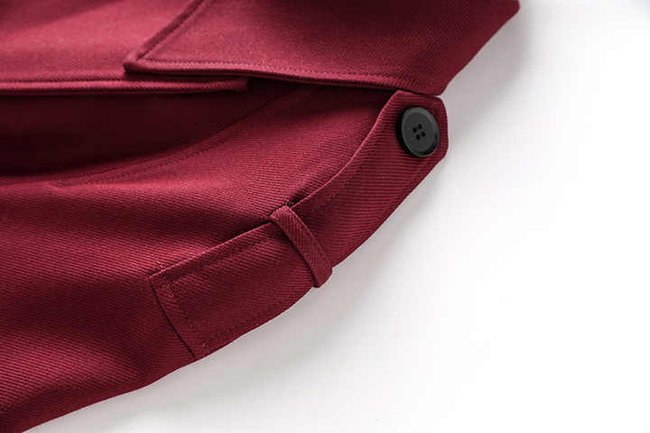 Burgundy Wool Blend Trench Coat with Double-Breasted Design and Adjustable Waist Belt