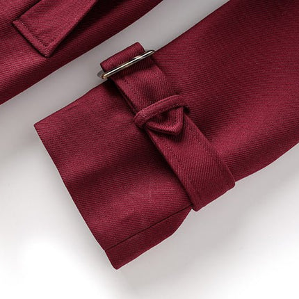 Burgundy Wool Blend Trench Coat with Double-Breasted Design