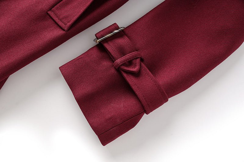 Burgundy Wool Blend Trench Coat with Double-Breasted Design