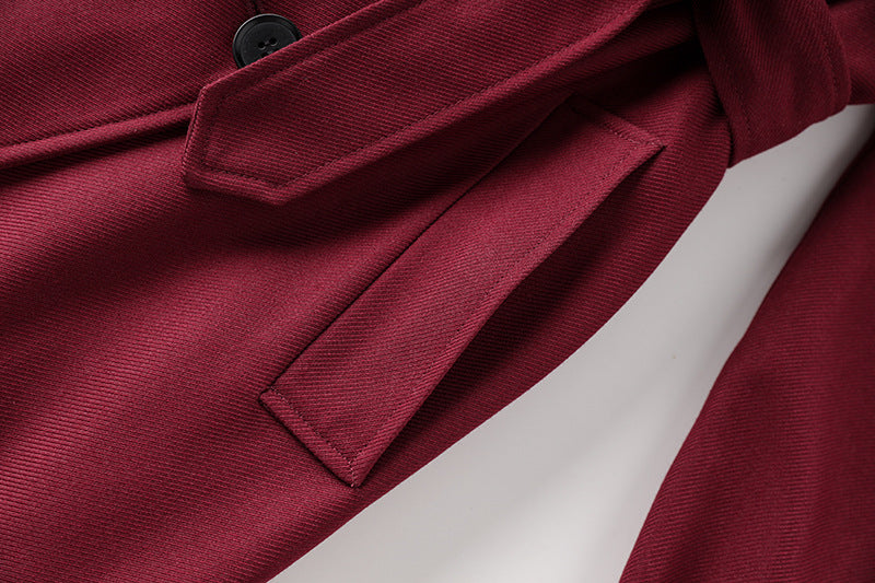 Burgundy Wool Blend Trench Coat with Double-Breasted Design and Adjustable Waist Belt