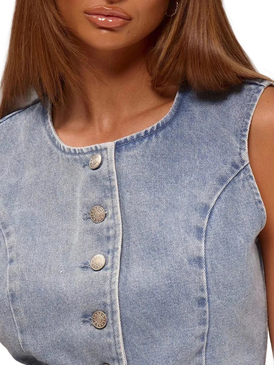Button Up Denim Vest Jacket Winter