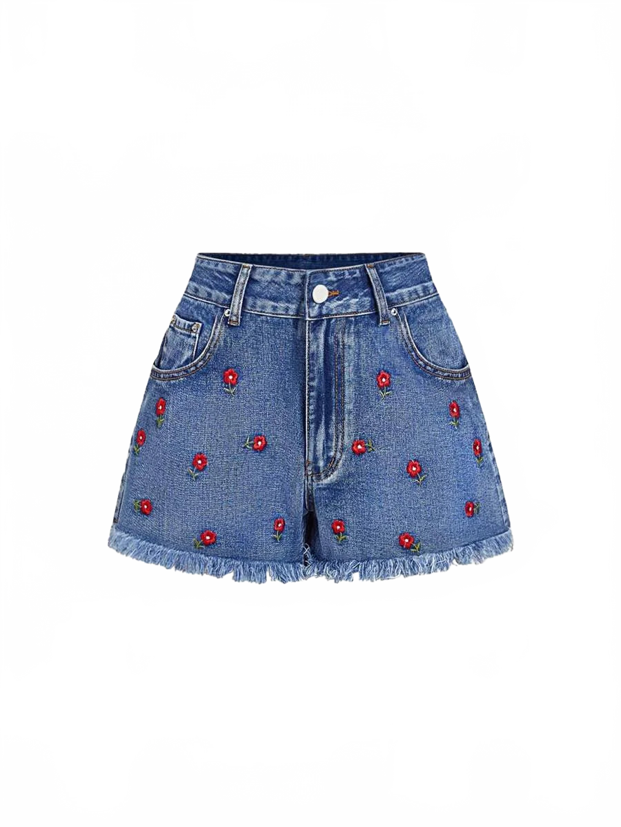 Destiny Denim Shorts Women Floral Embroidered High-Waist in Blue