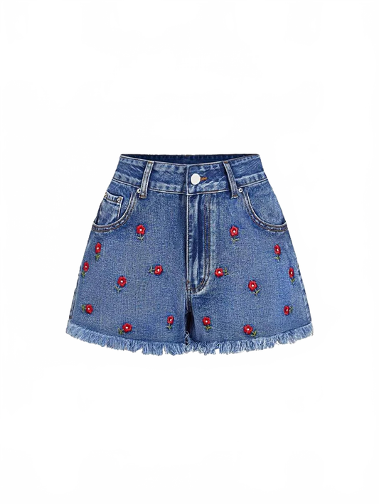 Destiny Denim Shorts Women Floral Embroidered High-Waist in Blue