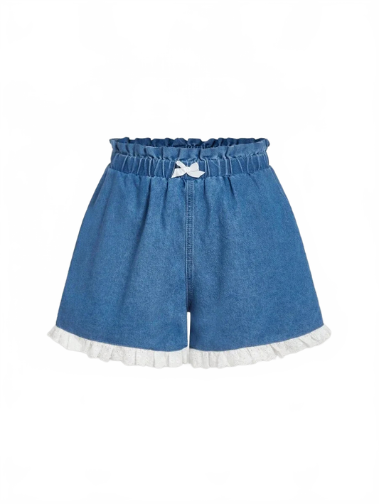 Katherine Denim Shorts Women Lace Trim Casual Wear in Blue