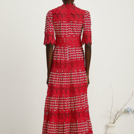 Caitlin Red Lace Maxi Dress with Scalloped Pattern and Cut-Work Design