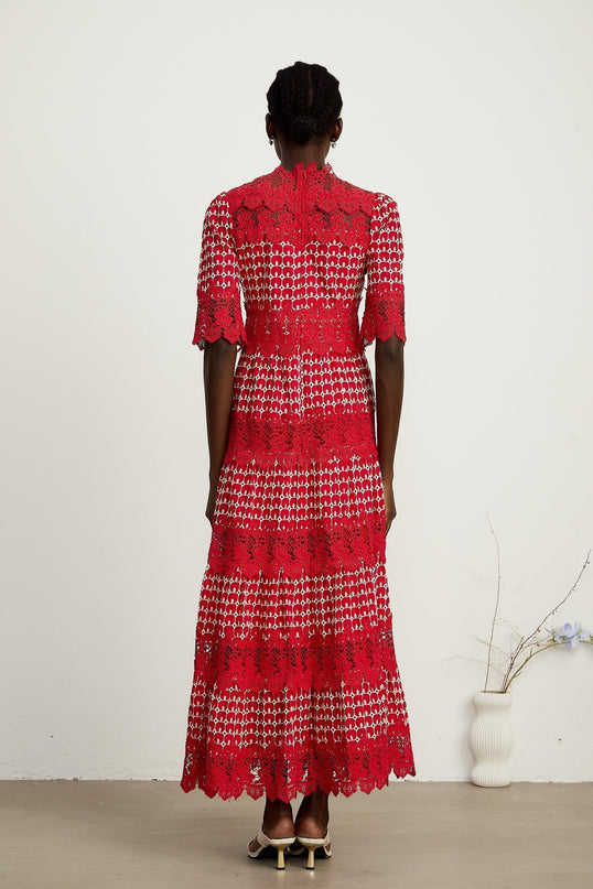 Caitlin Red Lace Maxi Dress with Scalloped Pattern and Cut-Work Design
