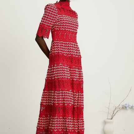 Caitlin Red Lace Scalloped Maxi Dress