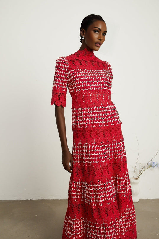 Caitlin Red Lace Scalloped Maxi Dress