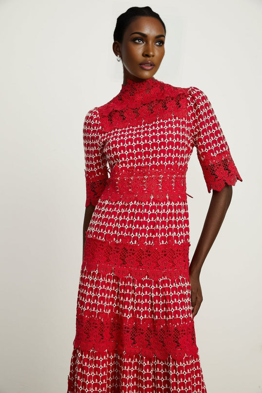 Caitlin Red Lace Scalloped Maxi Dress