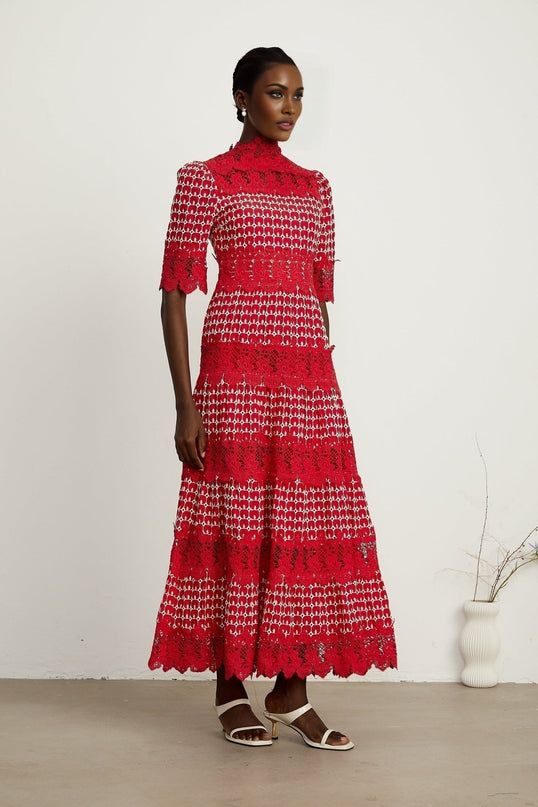 Caitlin Red Lace Scalloped Maxi Dress