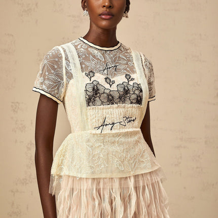 Caitlin White Floral Embroidered Midi Dress Tulle Semi-Sheer Creased Effect Round Neck Short Sleeves Cinched Waist Half Lining Rear Zip Fastening Beige White